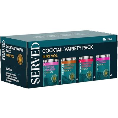 SERVED Cocktail Variety Pack, 14.9% ABV, Premium Quality, Bar Strength, Pre-Mixed & Ready To Drink, 8 x 125ml Cans SERVED Cocktail Variety Pack, 14.9% ABV, Premium Quality, Bar Strength, Pre-Mixed & Ready To Drink, 8 x 125ml Cans