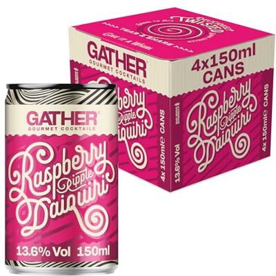 Gather Cocktails GATHER Raspberry Ripple Daiquiri 4 x150ml Canned Cocktails Fresh, tart Raspberries, Smooth Vanilla, White Rum 13.6% ABV Vegan and Allergen Free Cocktail Pack Gather Cocktails GATHER Raspberry Ripple Daiquiri 4 x150ml Canned Cocktails Fresh, tart Raspberries, Smooth Vanilla, White Rum 13.6% ABV Vegan and Allergen Free Cocktail Pack
