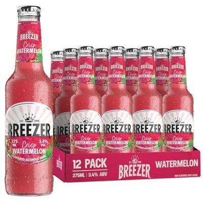 Breezer Crisp Watermelon Flavoured Alcoholic Drinks, 3.4% vol., 27.5 cl / 275 ml, Pre-Mixed Alcohol in a Ready to Drink Bottle Breezer Crisp Watermelon Flavoured Alcoholic Drinks, 3.4% vol., 27.5 cl / 275 ml, Pre-Mixed Alcohol in a Ready to Drink Bottle