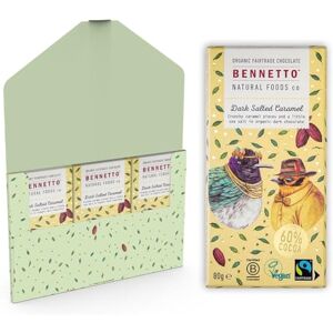 Bennetto Dark Salted Caramel Crunchy caramel and sea salt in dark chocolate. 60% cocoa. Certified organic, Fairtrade, and net climate positive. Beautiful gifts for everyone. 3x 80g Full Size Bars. Bennetto Dark Salted Caramel Crunchy caramel and sea salt in dark chocolate. 60% cocoa. Certified organic, Fairtrade, and net climate positive. Beautiful gifts for everyone. 3x 80g Full Size Bars.