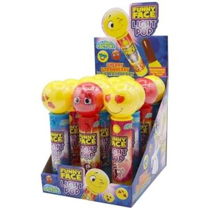 Candy Funny Face Light Pops, Fruit Flavour Lollipop With Light Up Emoji Head, 11 g (Pack of 12) Candy Funny Face Light Pops, Fruit Flavour Lollipop With Light Up Emoji Head, 11 g (Pack of 12)