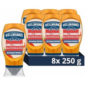 Hellmann's Chilli Charger Mayonnaise Condiment Made with free range eggs spicy mayo for burgers, sandwiches and chips 8x 250 ml Hellmann's Chilli Charger Mayonnaise Condiment Made with free range eggs spicy mayo for burgers, sandwiches and chips 8x 250 ml