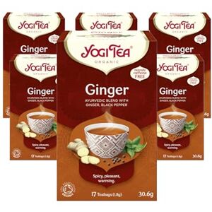 YOGI TEA , Ginger, Organic Herbal Tea, Naturally Caffeine Free, Blend of Ginger and Black Pepper, 6 Packs x 17 Tea Bags (102 Teabags Total) YOGI TEA , Ginger, Organic Herbal Tea, Naturally Caffeine Free, Blend of Ginger and Black Pepper, 6 Packs x 17 Tea Bags (102 Teabags Total)