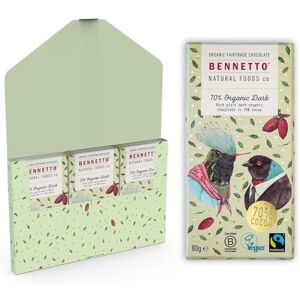 Bennetto 70% Organic Dark Rich, plain dark chocolate with 70% cocoa. Certified organic, Fairtrade, and net climate positive. Beautiful gifts for everyone. 3x 80g Full Size Bars. Bennetto 70% Organic Dark Rich, plain dark chocolate with 70% cocoa. Certified organic, Fairtrade, and net climate positive. Beautiful gifts for everyone. 3x 80g Full Size Bars.
