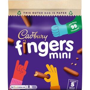Cadbury Chocolate Fingers, Mini Chocolate Dipped Biscuits, Perfect for Sharing, Multipack of 5 x 96.5 g (Pack of 8) Total 40 Bags Cadbury Chocolate Fingers, Mini Chocolate Dipped Biscuits, Perfect for Sharing, Multipack of 5 x 96.5 g (Pack of 8) Total 40 Bags