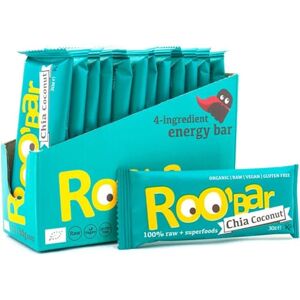 ROOBAR Chia & Coconut Coconut Raw Bar Dairy & Gluten Free. 100% Organic, Vegan with Superfoods. No Added Refined Sugar 12 x 30g ROOBAR Chia & Coconut Coconut Raw Bar Dairy & Gluten Free. 100% Organic, Vegan with Superfoods. No Added Refined Sugar 12 x 30g