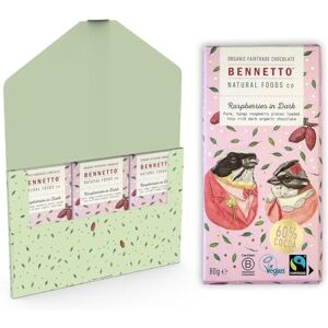 Bennetto Raspberries in Dark Tangy raspberry pieces in rich dark chocolate. 60% cocoa. Certified organic, Fairtrade, and net climate positive. Beautiful gifts for everyone. 3x 80g Full Size Bars. Bennetto Raspberries in Dark Tangy raspberry pieces in rich dark chocolate. 60% cocoa. Certified organic, Fairtrade, and net climate positive. Beautiful gifts for everyone. 3x 80g Full Size Bars.