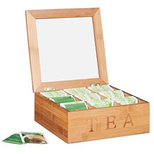 Relaxdays Bamboo Tea Box with 9 Compartments, Square Crate for Teabags, with Window, HWD: 8.5 x 22 x 22 cm, Natural Relaxdays Bamboo Tea Box with 9 Compartments, Square Crate for Teabags, with Window, HWD: 8.5 x 22 x 22 cm, Natural