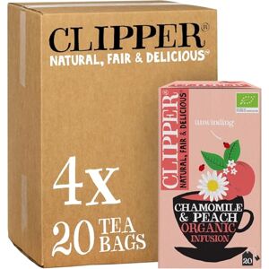 Clipper Natural, Fair & Delicious Clipper Organic Chamomile and Peach Infusions Fruit Teabags, 80 Infusions Tea Bags (4x Boxes of 20), Caffeine-Free Herbal Tea, Natural, Unbleached, Plant Based Clipper Natural, Fair & Delicious Clipper Organic Chamomile and Peach Infusions Fruit Teabags, 80 Infusions Tea Bags (4x Boxes of 20), Caffeine-Free Herbal Tea, Natural, Unbleached, Plant Based