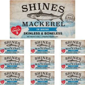 Shines 10 Pack of Wild Mackerel in Brine Skinless & Boneless Canned Fish High in Omega 3-10x 125g Cans Shines 10 Pack of Wild Mackerel in Brine Skinless & Boneless Canned Fish High in Omega 3-10x 125g Cans