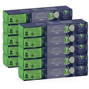 by Amazon Brazilian Coffee Nespresso Compatible Aluminium Pods, Medium Roast, 100 Count, (10 Packs of 10) Rainforest Alliance Certified by Amazon Brazilian Coffee Nespresso Compatible Aluminium Pods, Medium Roast, 100 Count, (10 Packs of 10) Rainforest Alliance Certified