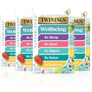 Twinings Superblends Wellbeing Collection Selection of our bestselling blends: Defence, Glow, Digest, Detox & Sleep Tea Bags, 4 x boxes of 20 biodegradable tea bags, 80 bags in total Twinings Superblends Wellbeing Collection Selection of our bestselling blends: Defence, Glow, Digest, Detox & Sleep Tea Bags, 4 x boxes of 20 biodegradable tea bags, 80 bags in total