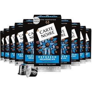 Carte Noire , Espresso Décaféiné, Nespresso Compatible Aluminium Capsules, 10 Packs of 10 Decaffeinated Coffee Pods, 100% Arabica, Cereals and Caramel Notes, Intensity 5/10 Carte Noire , Espresso Décaféiné, Nespresso Compatible Aluminium Capsules, 10 Packs of 10 Decaffeinated Coffee Pods, 100% Arabica, Cereals and Caramel Notes, Intensity 5/10