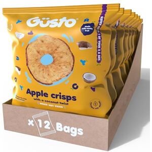 Güsto GUSTO SNACKS Crunchy Apple Crisps with Coconut Case of 12 (20g) 100% Dried Fruit Snacks No Added Sugar, High in Fibre, Vegan, Vegetarian, Low Calorie, Gluten free, Nut free & Fat Free Güsto GUSTO SNACKS Crunchy Apple Crisps with Coconut Case of 12 (20g) 100% Dried Fruit Snacks No Added Sugar, High in Fibre, Vegan, Vegetarian, Low Calorie, Gluten free, Nut free & Fat Free