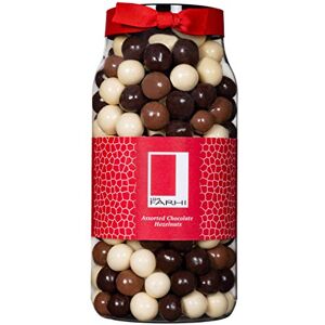 Rita Farhi Milk, Dark and White Chocolate Covered Hazelnuts in a Gift Jar Nut Gifts, Assorted Coated Hazelnuts, Food Gifts – 700 g New Palm Oil Free Recipe Rita Farhi Milk, Dark and White Chocolate Covered Hazelnuts in a Gift Jar Nut Gifts, Assorted Coated Hazelnuts, Food Gifts – 700 g New Palm Oil Free Recipe