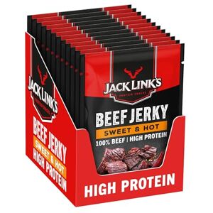 Jack Link's Beef Jerky, Sweet & Hot Flavour, Multipack of 12 x 25g Bags, High Protein Meat Snack, Sweet Seasoning and Hot Spices Jack Link's Beef Jerky, Sweet & Hot Flavour, Multipack of 12 x 25g Bags, High Protein Meat Snack, Sweet Seasoning and Hot Spices