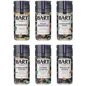 BART Indian Spice Collection Turmeric, Cinnamon Sticks, Cardamom pods, Curry Leaves, Nigella Seeds & Pilau Spice Blend Ideal for Indian Cooking (6 Jar Bulk Buy Set) BART Indian Spice Collection Turmeric, Cinnamon Sticks, Cardamom pods, Curry Leaves, Nigella Seeds & Pilau Spice Blend Ideal for Indian Cooking (6 Jar Bulk Buy Set)