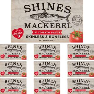 Shines 10 Pack of Wild Mackerel in Tomato Sauce Skinless & Boneless Canned Fish High in Omega 3-10 x 125g Cans Shines 10 Pack of Wild Mackerel in Tomato Sauce Skinless & Boneless Canned Fish High in Omega 3-10 x 125g Cans