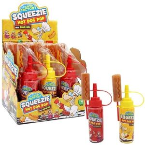 Squeezie Hot Dog Pop, Cola Flavour Lollipop With Strawberry & Sour Mango Candy Gel, 80 g (Pack of 12) Squeezie Hot Dog Pop, Cola Flavour Lollipop With Strawberry & Sour Mango Candy Gel, 80 g (Pack of 12)