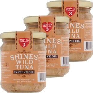 Shines Wild Yellowfin Tuna in Olive Oil 3 x 185g Glass Jar Low Carb Ideal for Keto Diet LCHF Hand Filleted No Gluten High in Omega 3 Low in Salt by Shines Wild Yellowfin Tuna in Olive Oil 3 x 185g Glass Jar Low Carb Ideal for Keto Diet LCHF Hand Filleted No Gluten High in Omega 3 Low in Salt by