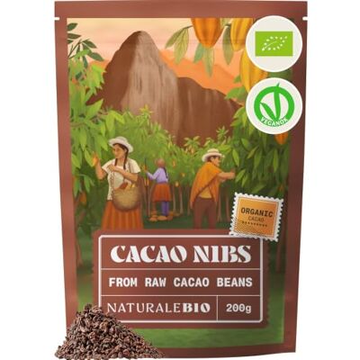 NaturaleBio Organic Raw Cacao Nibs Crunchy Chocolate Chips Alternative 200 g. Pure cacao nibs from Theobroma cacao, for smoothies, bowls, baking and snacks. NaturaleBio Organic Raw Cacao Nibs Crunchy Chocolate Chips Alternative 200 g. Pure cacao nibs from Theobroma cacao, for smoothies, bowls, baking and snacks.