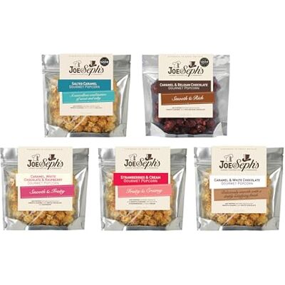 Joe & Seph's Summer Popcorn Tasting Selection (5x 30g), Salted Caramel, Caramel & Belgian Chocolate, Caramel, White Chocolate & Raspberry, Strawberries & Cream, Caramel & White Chocolate Joe & Seph's Summer Popcorn Tasting Selection (5x 30g), Salted Caramel, Caramel & Belgian Chocolate, Caramel, White Chocolate & Raspberry, Strawberries & Cream, Caramel & White Chocolate