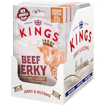 Kings Beef Jerky Sweet BBQ Flavour High Protein Snacks, Marinated and Cooked Meat Bulk Box of 12 x 60 g Packs Kings Beef Jerky Sweet BBQ Flavour High Protein Snacks, Marinated and Cooked Meat Bulk Box of 12 x 60 g Packs