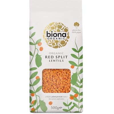 Biona Organic Red Split Lentils, 500 g 100% Organic Red Split Lentils, High in Plant Protein and Fibre, Ideal for Soups and Dals, Vegan Biona Organic Red Split Lentils, 500 g 100% Organic Red Split Lentils, High in Plant Protein and Fibre, Ideal for Soups and Dals, Vegan