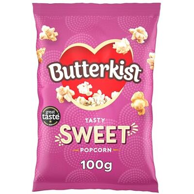 Butterkist Cinema SWEET Popcorn 100g, Case of 8 Bags Gluten free, Source of Fibre, Made from Wholegrains, No Artificial Colours or Flavours, Suitable for Vegetarians Butterkist Cinema SWEET Popcorn 100g, Case of 8 Bags Gluten free, Source of Fibre, Made from Wholegrains, No Artificial Colours or Flavours, Suitable for Vegetarians