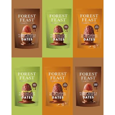 Free From Direct Forest Feast Chocolate Covered Dates 6 Bags Dried Dates Dipped in Belgian milk chocolate delicious snack in 3 flavours, Peanut Butter, Pistachio and Salted Caramel Free From Direct Forest Feast Chocolate Covered Dates 6 Bags Dried Dates Dipped in Belgian milk chocolate delicious snack in 3 flavours, Peanut Butter, Pistachio and Salted Caramel