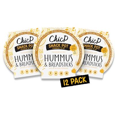 ChicP Classic Plain Hummus To Go Snack Pots with Breadsticks (12 Multipack), No Fridge Needed, Vegan Snack for Lunchbox & On-The-Go, Nut-free, UK Made ChicP Classic Plain Hummus To Go Snack Pots with Breadsticks (12 Multipack), No Fridge Needed, Vegan Snack for Lunchbox & On-The-Go, Nut-free, UK Made