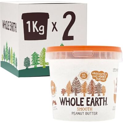 Whole Earth SMOOTH Peanut Butter , All Natural Ingredients, No Added Sugar, Gluten Free, Vegetarian & Vegan Friendly 2 x 1kg Tub Whole Earth SMOOTH Peanut Butter , All Natural Ingredients, No Added Sugar, Gluten Free, Vegetarian & Vegan Friendly 2 x 1kg Tub
