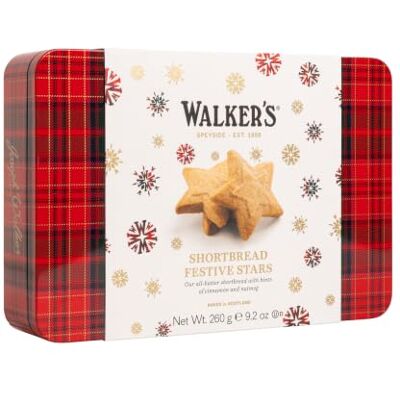 Walkers Walker's Shortbread Festive Stars Shortbread Tin, 260g Traditional All-Butter Scottish Recipe, Shortbread Stars Shape Cookies Tin, Perfect for Festival, Gifting & Snacking Walkers Walker's Shortbread Festive Stars Shortbread Tin, 260g Traditional All-Butter Scottish Recipe, Shortbread Stars Shape Cookies Tin, Perfect for Festival, Gifting & Snacking