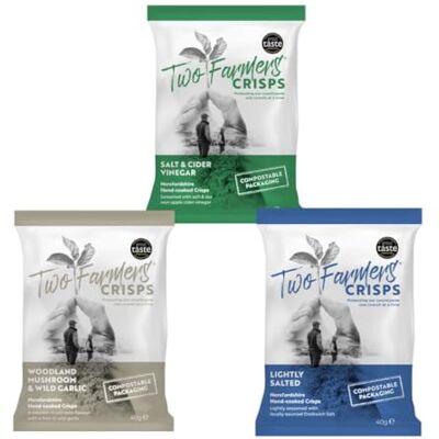 Two Farmers Crisps, Vegan Mixed Selection Box Lightly Salted, Salt & Cider Vinegar, Woodland Mushroom & Wild Garlic, Gluten Free, 100% Compostable Bags, 24 x 40g Two Farmers Crisps, Vegan Mixed Selection Box Lightly Salted, Salt & Cider Vinegar, Woodland Mushroom & Wild Garlic, Gluten Free, 100% Compostable Bags, 24 x 40g