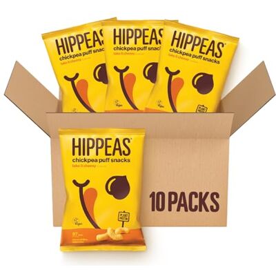Hippeas Cheese Flavoured Chickpea Puff Vegan Crisps, 10 x 78g Sharing Bags, Plant Based, Source of Protein & Fibre, Free from Gluten & Artificial Flavours, Light & Crunchy, 91 calories per serving Hippeas Cheese Flavoured Chickpea Puff Vegan Crisps, 10 x 78g Sharing Bags, Plant Based, Source of Protein & Fibre, Free from Gluten & Artificial Flavours, Light & Crunchy, 91 calories per serving