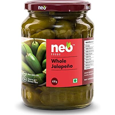 Neo Whole Jalapenos 650g I 100% Vegan & Natural I Ready to Eat Fibre Rich Topping for Snacks and Salads I Enjoy as filling for Wraps I (Pack of 1) Neo Whole Jalapenos 650g I 100% Vegan & Natural I Ready to Eat Fibre Rich Topping for Snacks and Salads I Enjoy as filling for Wraps I (Pack of 1)