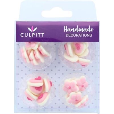 Culpitt Pink Mini Hearts and Flowers Sugar Pipings, Royal Icing, Hand Made Decorations for Cupcakes, Cakes, Cookies, 24 Piece Culpitt Pink Mini Hearts and Flowers Sugar Pipings, Royal Icing, Hand Made Decorations for Cupcakes, Cakes, Cookies, 24 Piece