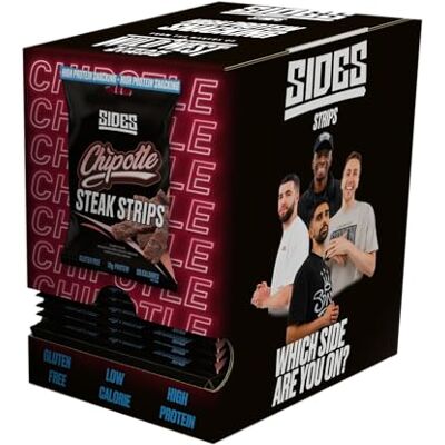 SIDES Steak Strips Chipotle Flavour High Protein Beef Jerky Meat Snack Box of 9 x 35 g Packs SIDES Steak Strips Chipotle Flavour High Protein Beef Jerky Meat Snack Box of 9 x 35 g Packs