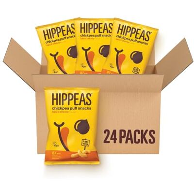 Hippeas Cheese Flavoured Chickpea Puff Vegan Multipack Crisps 24 x 22g Snack Bags Plant-Based, Source of Protein Free from Gluten & Artificial Flavours Light & Crunchy, 91 calories per serving Hippeas Cheese Flavoured Chickpea Puff Vegan Multipack Crisps 24 x 22g Snack Bags Plant-Based, Source of Protein Free from Gluten & Artificial Flavours Light & Crunchy, 91 calories per serving