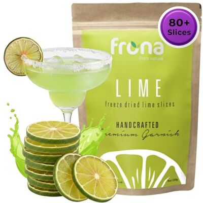 Frona Freeze Dried Lime Slices – 80+ Slices, 100% Natural Citrus Cocktail Garnish, 100g Pack, for Margarita, Mojito, Caipirinha, Key Lime Pie and Tarts, Premium Eco-Friendly Vegan Botanicals Frona Freeze Dried Lime Slices – 80+ Slices, 100% Natural Citrus Cocktail Garnish, 100g Pack, for Margarita, Mojito, Caipirinha, Key Lime Pie and Tarts, Premium Eco-Friendly Vegan Botanicals