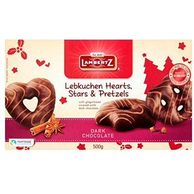 Lambertz Lebkuchen Hearts, Stars & Pretzels Dark Chocolate 500g Lambertz Lebkuchen Hearts, Stars & Pretzels Dark Chocolate 500g