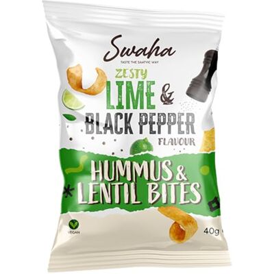 SWAHA Lentil & Hummus Bites Crisps Multipacks 40g, 80g Traditional Hand-Cooked Crisps from UK All-Natural Snack 100% British Ingredients (ZESTY LIME AND BLACK PEPPER, 40g, 24 PACK) SWAHA Lentil & Hummus Bites Crisps Multipacks 40g, 80g Traditional Hand-Cooked Crisps from UK All-Natural Snack 100% British Ingredients (ZESTY LIME AND BLACK PEPPER, 40g, 24 PACK)