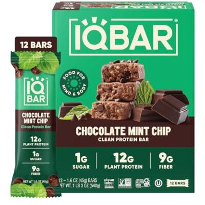 IQBAR Clean High Protein Bars, Low Sugar Snack, Chocolate Mint Chip 12ct 12g Plant Protein, 9g Fiber, 1g Sugar GLP-1 & Keto Friendly Vegan, Gluten Free, Dairy Free, Non-GMO, Kosher IQBAR Clean High Protein Bars, Low Sugar Snack, Chocolate Mint Chip 12ct 12g Plant Protein, 9g Fiber, 1g Sugar GLP-1 & Keto Friendly Vegan, Gluten Free, Dairy Free, Non-GMO, Kosher