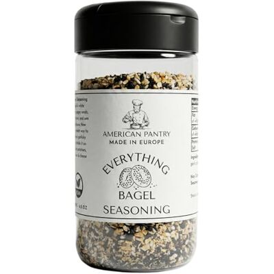 American Pantry Premium Everything Bagel Seasoning Blend, 185g/6.5oz Elevate eggs, ramen and popcorn. Made with black and white sesame, poppy seeds, garlic, onion and sea salt. Made in EU. American Pantry Premium Everything Bagel Seasoning Blend, 185g/6.5oz Elevate eggs, ramen and popcorn. Made with black and white sesame, poppy seeds, garlic, onion and sea salt. Made in EU.