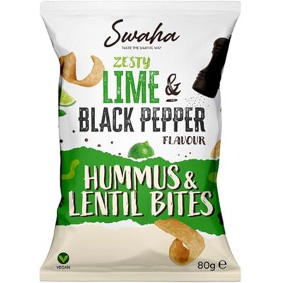 SWAHA Lentil & Hummus Bites Crisps Multipacks 40g, 80g Traditional Hand-Cooked Crisps from UK All-Natural Snack 100% British Ingredients (ZESTY LIME AND BLACK PEPPER, 80g, 12 PACK) SWAHA Lentil & Hummus Bites Crisps Multipacks 40g, 80g Traditional Hand-Cooked Crisps from UK All-Natural Snack 100% British Ingredients (ZESTY LIME AND BLACK PEPPER, 80g, 12 PACK)