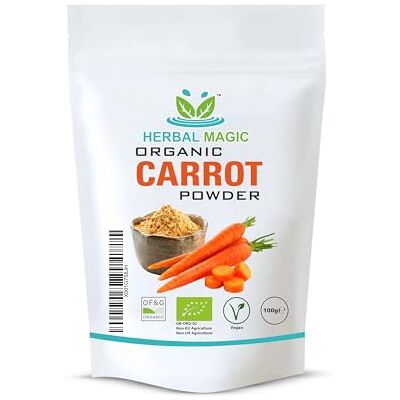 Herbal Magic 's Organic Carrot Powder- Earthy & authentic flavour to your recipes,smoothies,carrot cakes, Pasta Dishes,Soups, Natural Food Colour No Fillers& Preservatives-100gms Herbal Magic 's Organic Carrot Powder- Earthy & authentic flavour to your recipes,smoothies,carrot cakes, Pasta Dishes,Soups, Natural Food Colour No Fillers& Preservatives-100gms