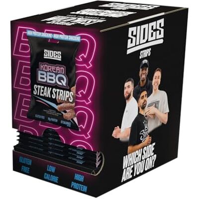 SIDES Steak Strips Korean BBQ Flavour High Protein Beef Jerky Meat Snack Box of 9 x 35 g Packs SIDES Steak Strips Korean BBQ Flavour High Protein Beef Jerky Meat Snack Box of 9 x 35 g Packs
