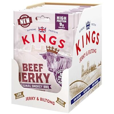 Kings Beef Jerky Smokey BBQ Flavour High Protein Snacks, Marinated and Cooked Meat Bulk Box of 12 x 25 g Packs Kings Beef Jerky Smokey BBQ Flavour High Protein Snacks, Marinated and Cooked Meat Bulk Box of 12 x 25 g Packs