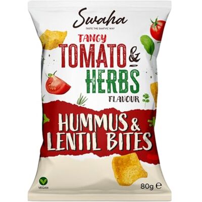 SWAHA Lentil & Hummus Bites Crisps Multipacks 40g, 80g Traditional Hand-Cooked Crisps from UK All-Natural Snack 100% British Ingredients (TANGY TOMATO AND HERB, 80g, 12 PACK) SWAHA Lentil & Hummus Bites Crisps Multipacks 40g, 80g Traditional Hand-Cooked Crisps from UK All-Natural Snack 100% British Ingredients (TANGY TOMATO AND HERB, 80g, 12 PACK)