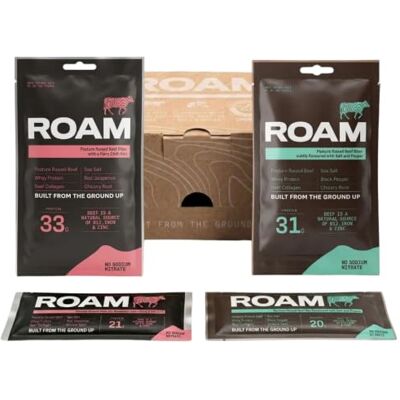 ROAM Grass-Fed Beef Snack Taster Pack, Jerky-Like High Protein Snack 4 Pack Variety (2 x Beef Jerky Bars 45g, 2 x Beef Bites 70g), Grass-Fed Beef, Low Sugar, No Artificial Colours or Flavours ROAM Grass-Fed Beef Snack Taster Pack, Jerky-Like High Protein Snack 4 Pack Variety (2 x Beef Jerky Bars 45g, 2 x Beef Bites 70g), Grass-Fed Beef, Low Sugar, No Artificial Colours or Flavours